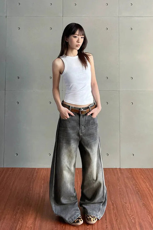 Vintage Grey High Waist Straight Jeans