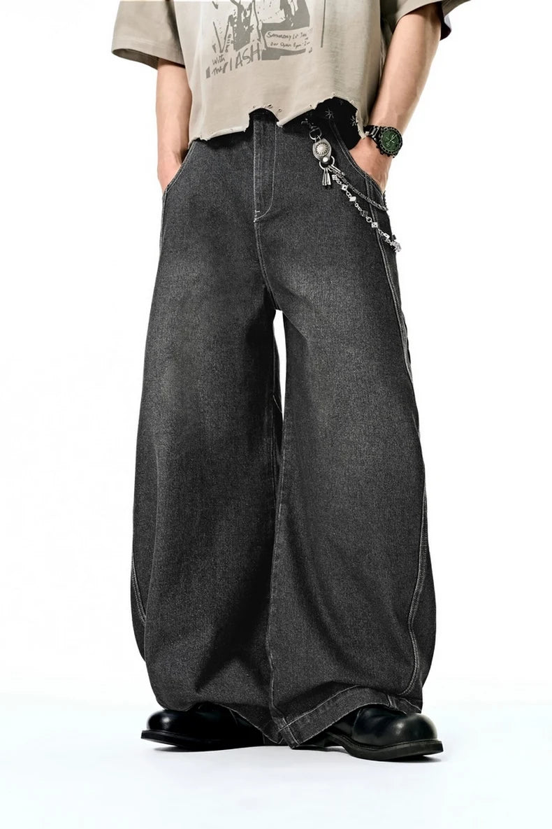 American Oversized Washed Denim Wide Jeans