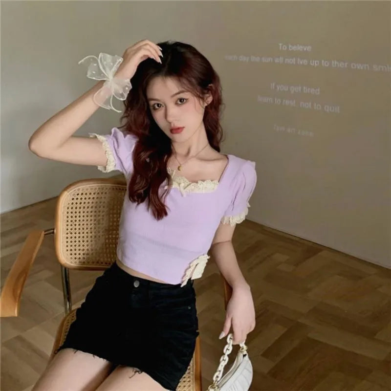 Spicy Girl Square Neck Lace Shirt