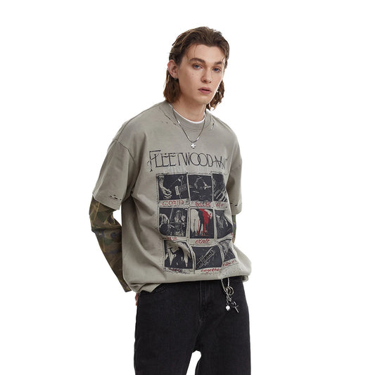 Retro Distressed Graphic Print Long T-Shirt