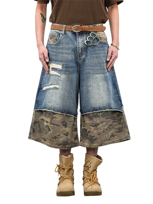 Camouflage Patchwork Retro Distressed Denim Jeans