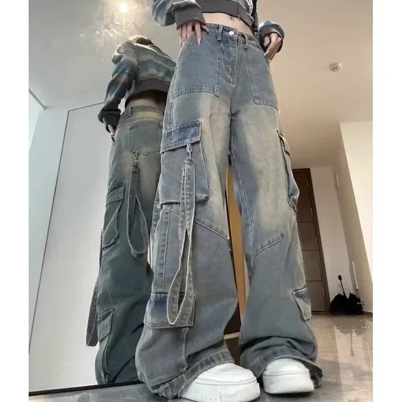 High Waist Spliced Denim Cargo Jeans