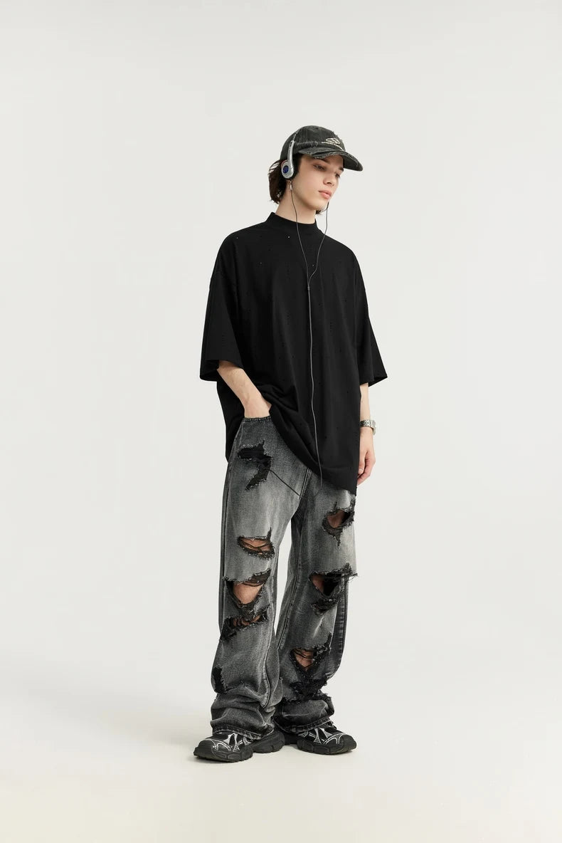 Heavyweight Ripped Mock Neck Cotton T-Shirt
