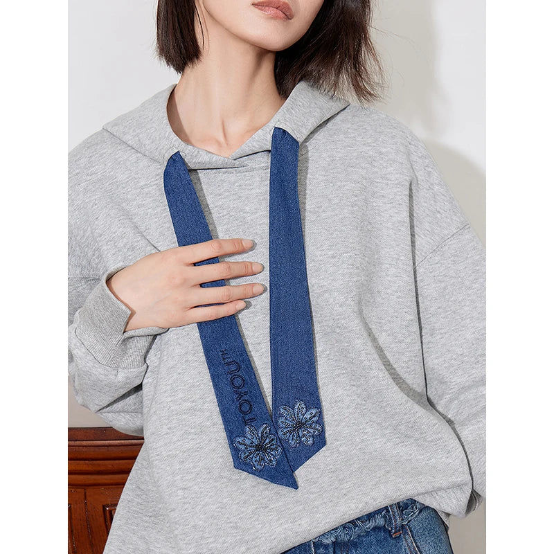 Embroidered Floral Drawstring Hoodie Sweatshirt