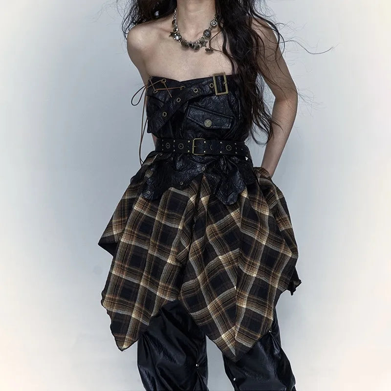 Grunge Aesthetics Plaid Patchwork Skirt Gothic