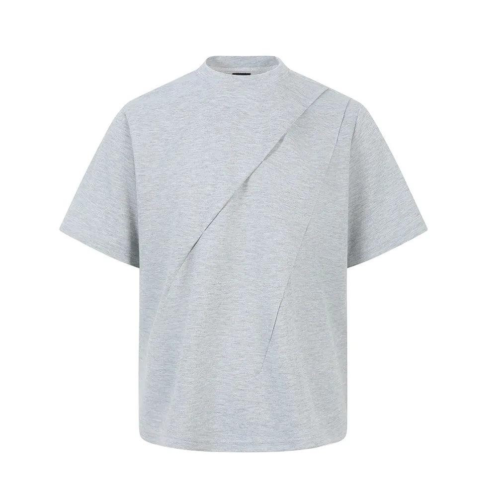 Solid Color Pleated Crew Neck T-Shirt