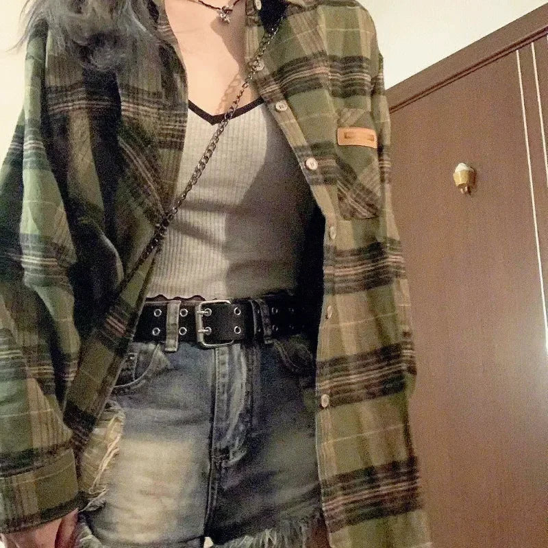 Vintage Oversize Green Plaid Blouse Shirt