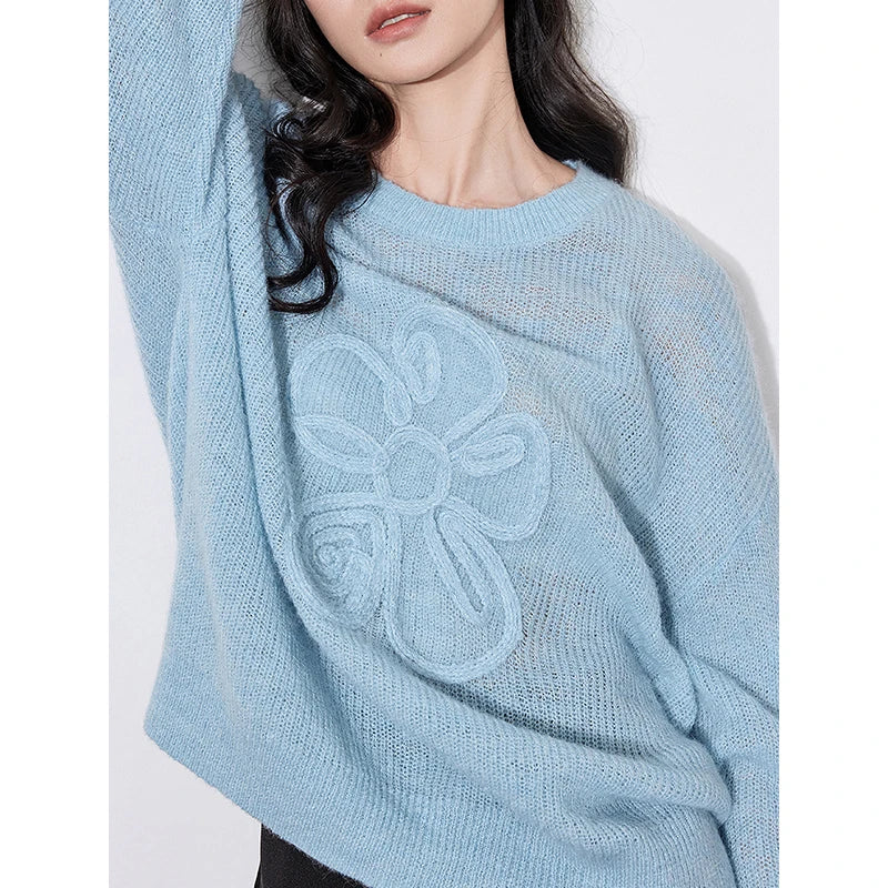 Cozy Knitted Sweater Flower Pattern Pullover