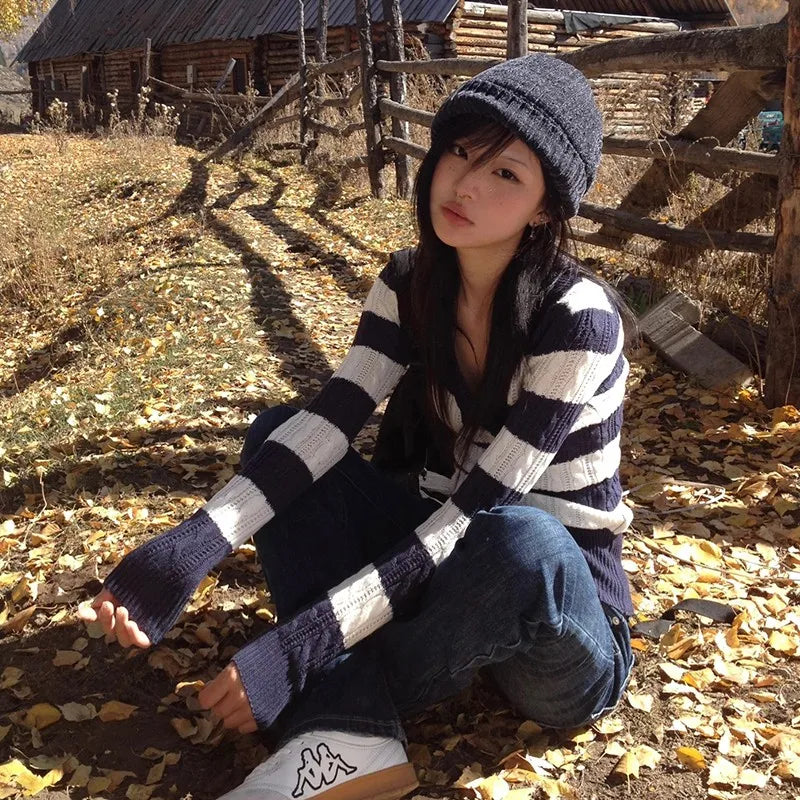 Vintage Japanese Striped V-Neck Sweater