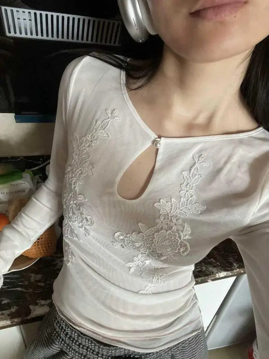 Floral Mesh Long Sleeve Slim T-Shirt