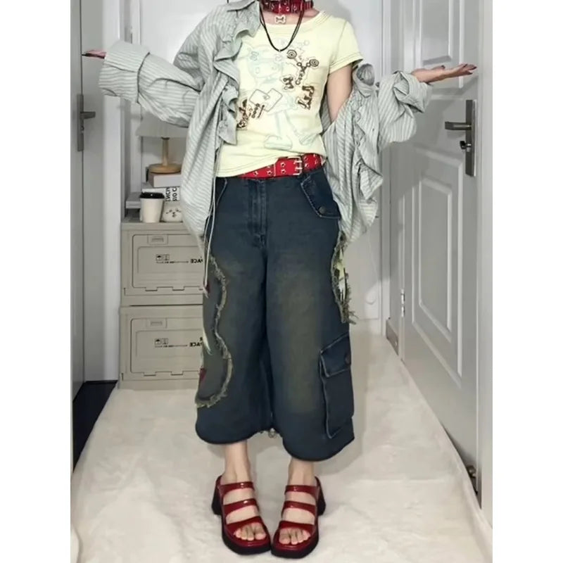 American Retro Graffiti Print Cargo Jeans
