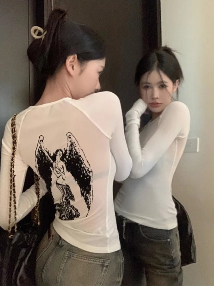 Sexy Gothic Angel Print Crop T-Shirt