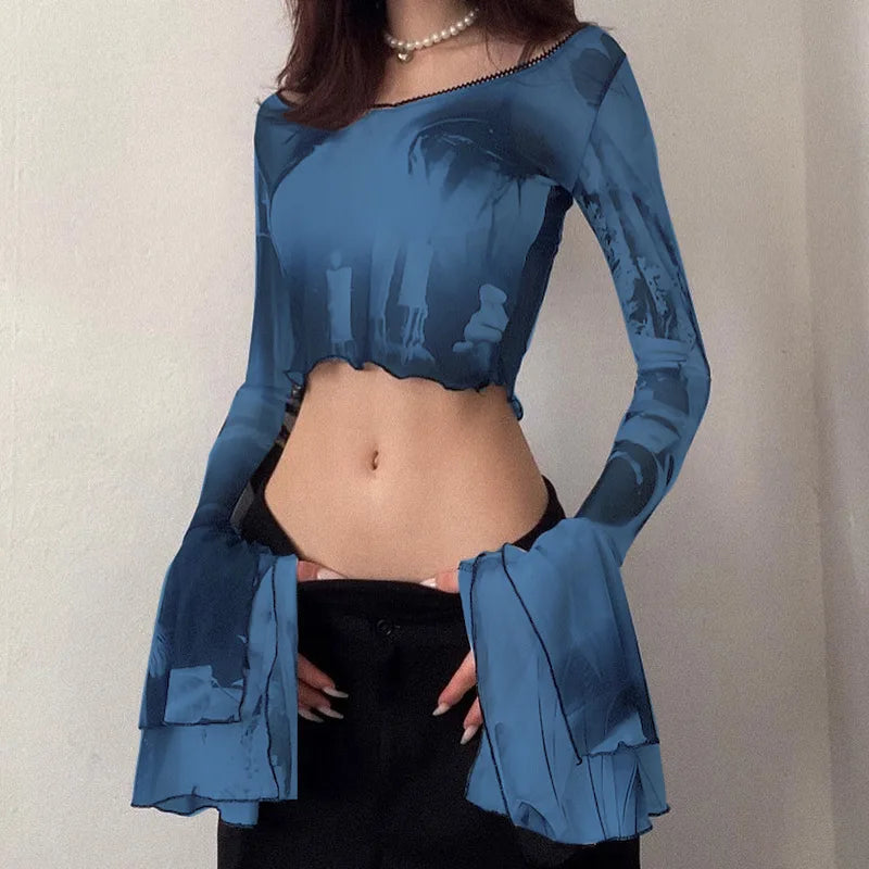 Gothic Aesthetic Mesh Flare Sleeve T-Shirt