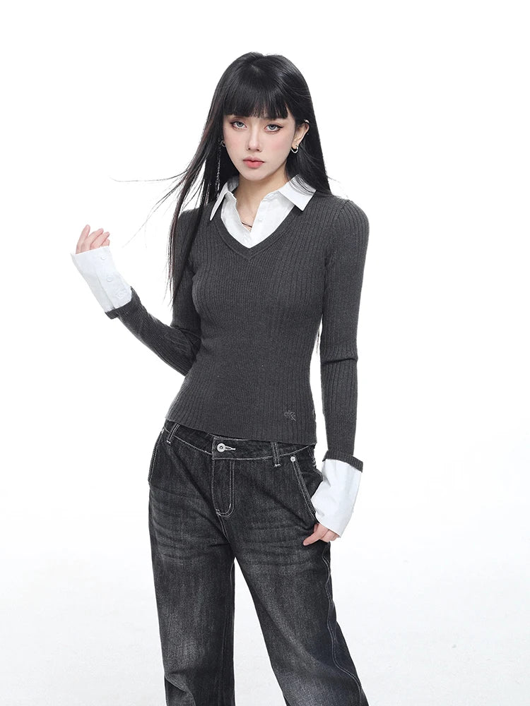 Contrast Color Lapel Sweater Knitted