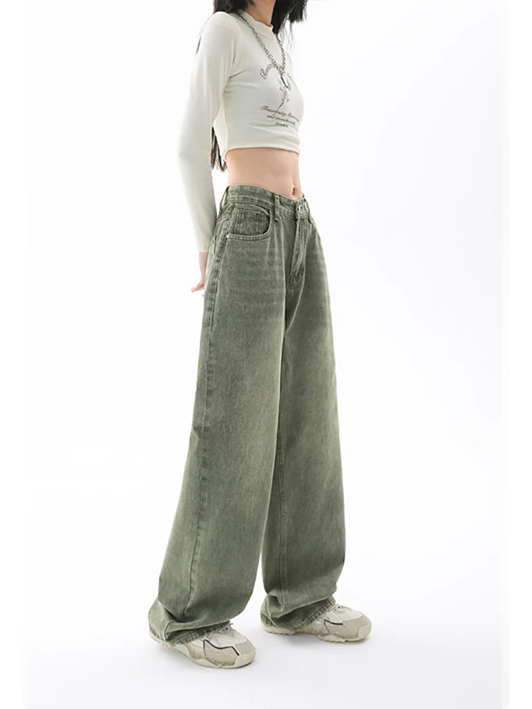 High Waist Green Loose Straight Jeans