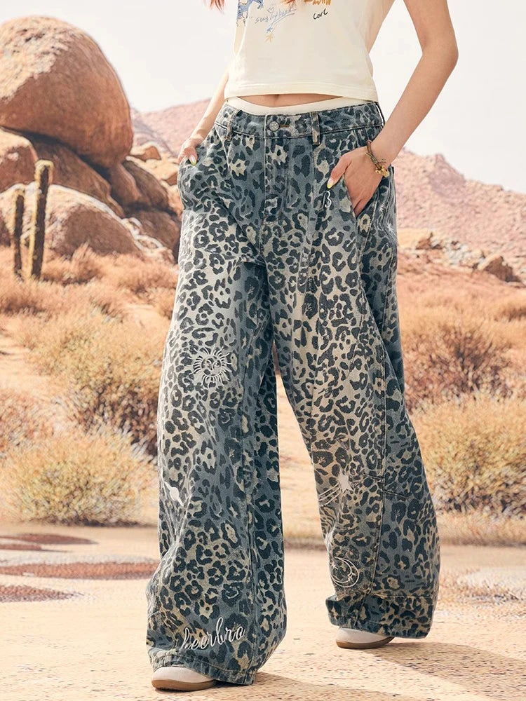 Retro Leopard Wide Leg Jeans