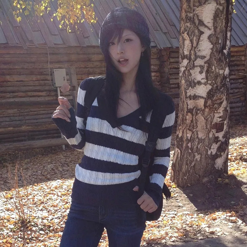 Vintage Japanese Striped V-Neck Sweater