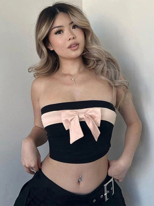 Vintage Gothic Black Bow Crop