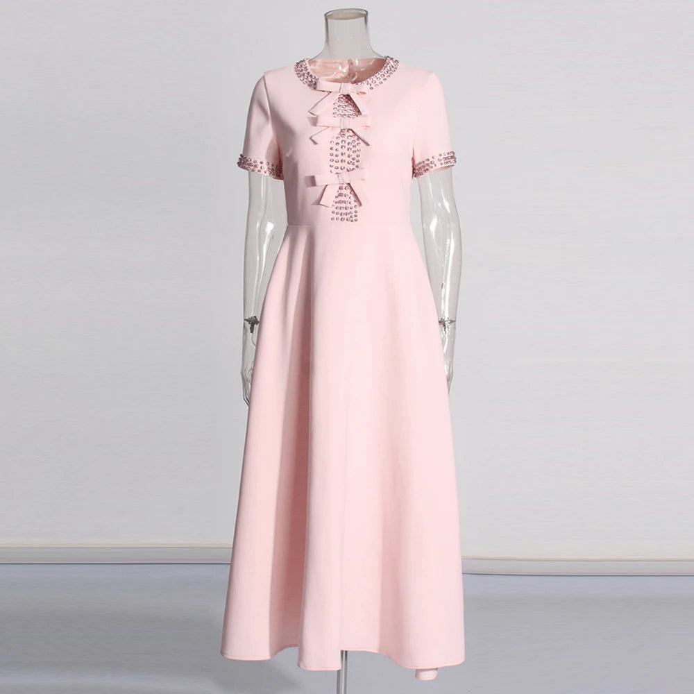 Chic Diamond Patchwork Dress with Bow