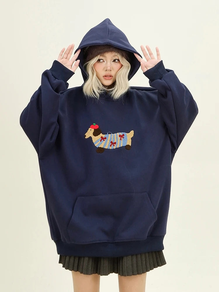 Casual Loose Cartoon Dog Embroidery Sweatshirt