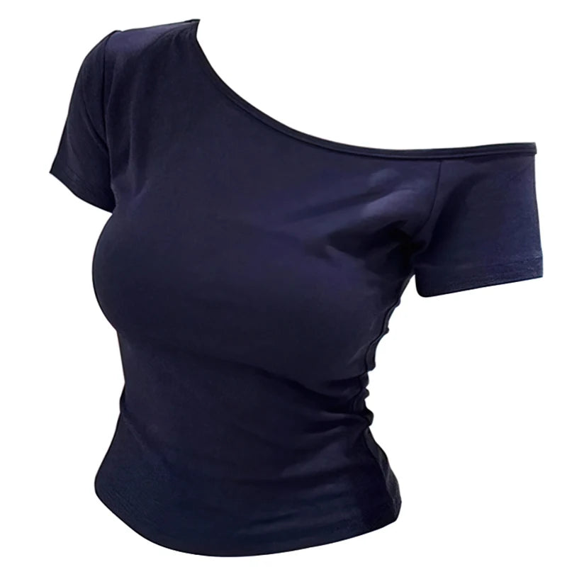 Slim Fit Ribbed Cotton Off-Shoulder T-Shirt