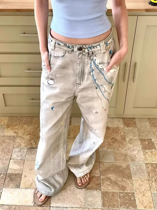 Retro Print Baggy Wide Leg Jeans