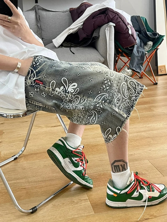Vintage Cashew Print Raw Edge shorts