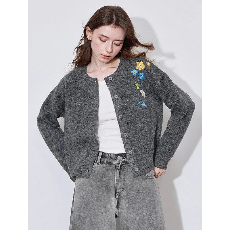 Floral Embroidered Round Neck Knit Cardigan