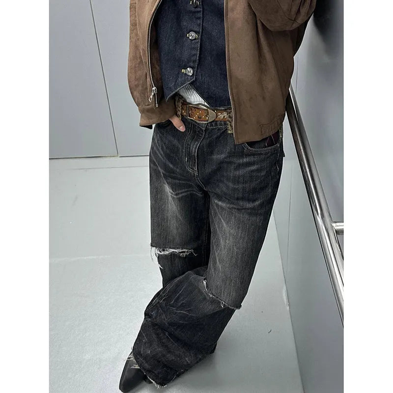 Black Retro Hole Punched High Jeans