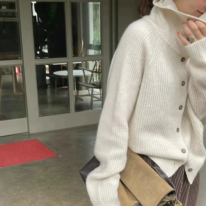 Chunky Knit Wool Turtleneck Cardigan Sweater