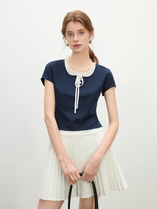 Navy Blue Age-Reducing Fake Two-Piece T-Shirt