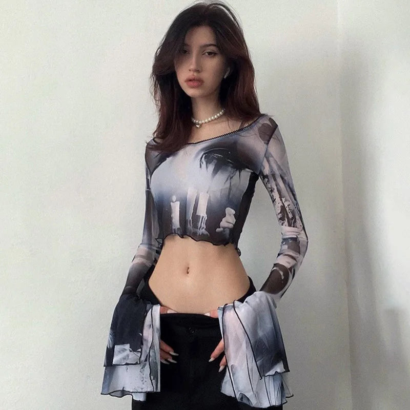Gothic Aesthetic Mesh Flare Sleeve T-Shirt