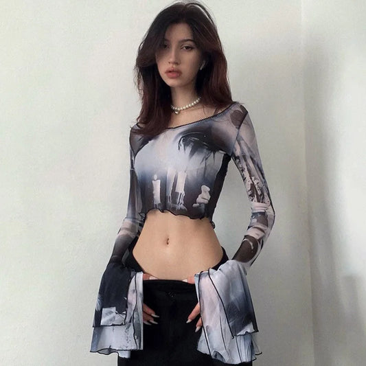 Gothic Aesthetic Mesh Flare Sleeve T-Shirt