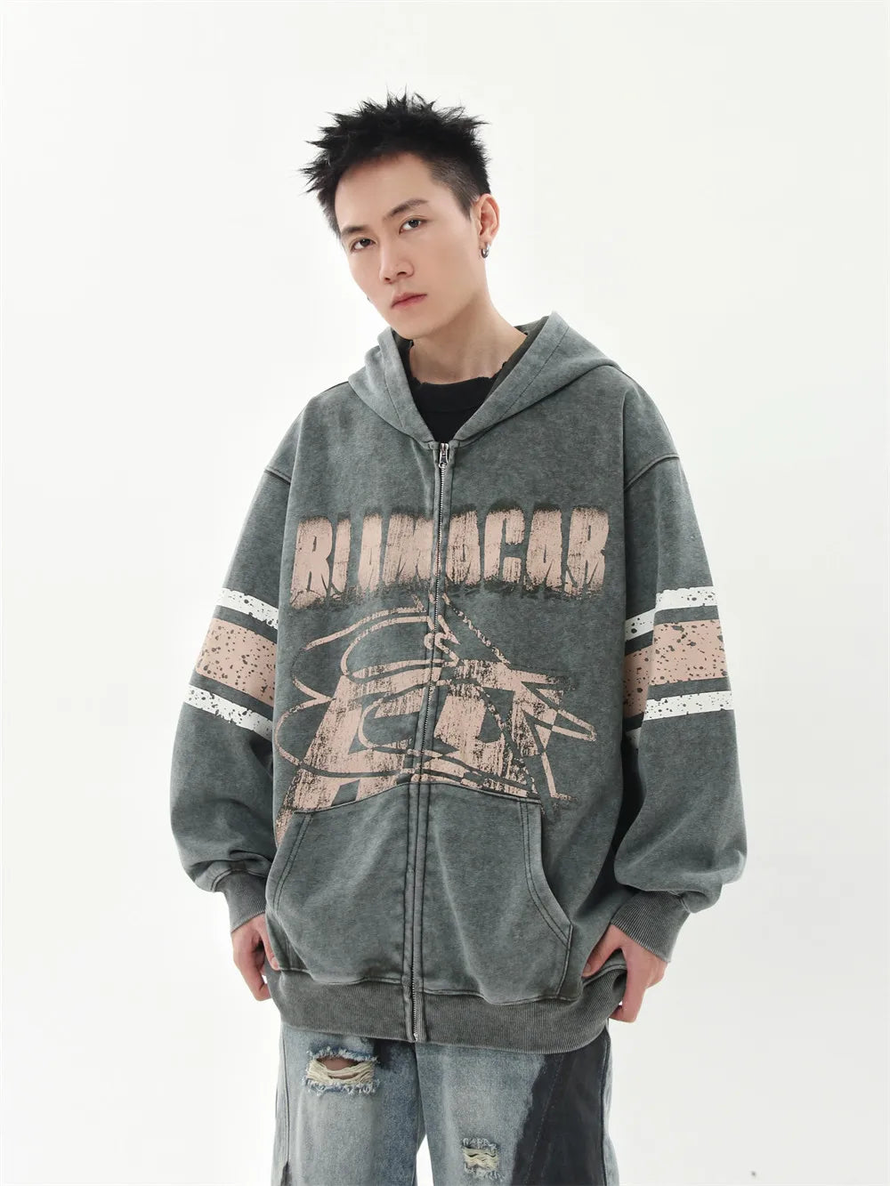 Vintage Distressed Print Hooded Sweatshirts