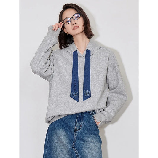 Embroidered Floral Drawstring Hoodie Sweatshirt