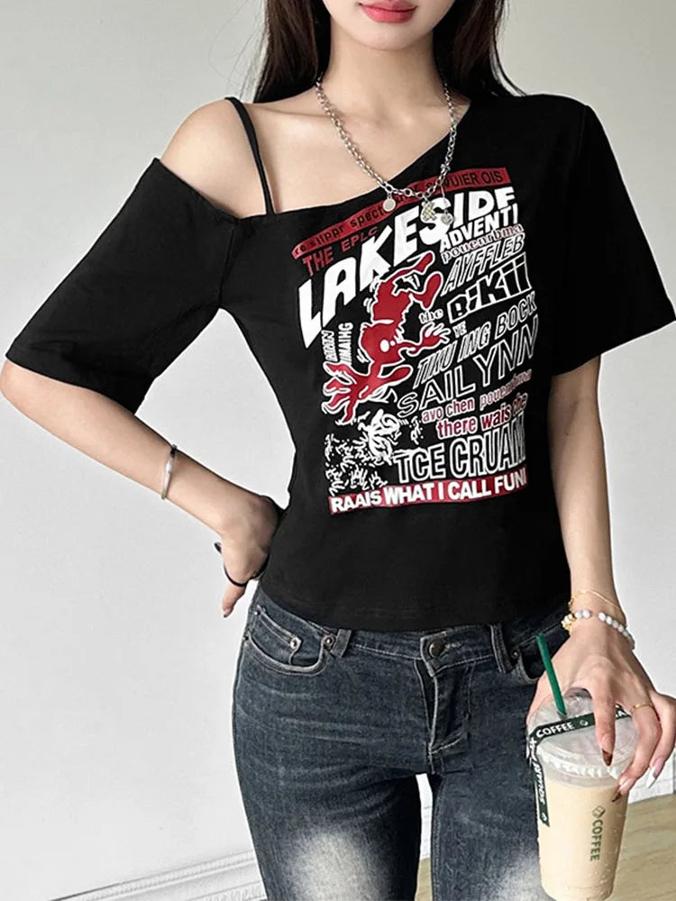 Gothic Letter Print Off Shoulder T-Shirt