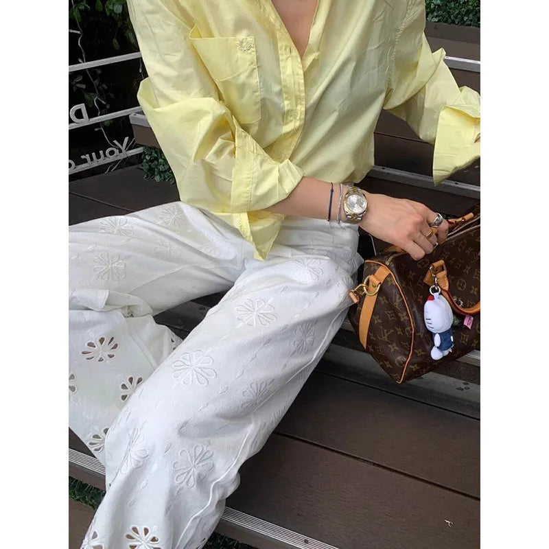 Vintage Floral Embroidered Hollow Straight Jeans