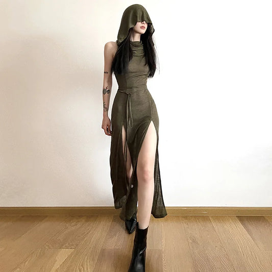 Gothic Mesh Sleeveless Hooded Midi Dress