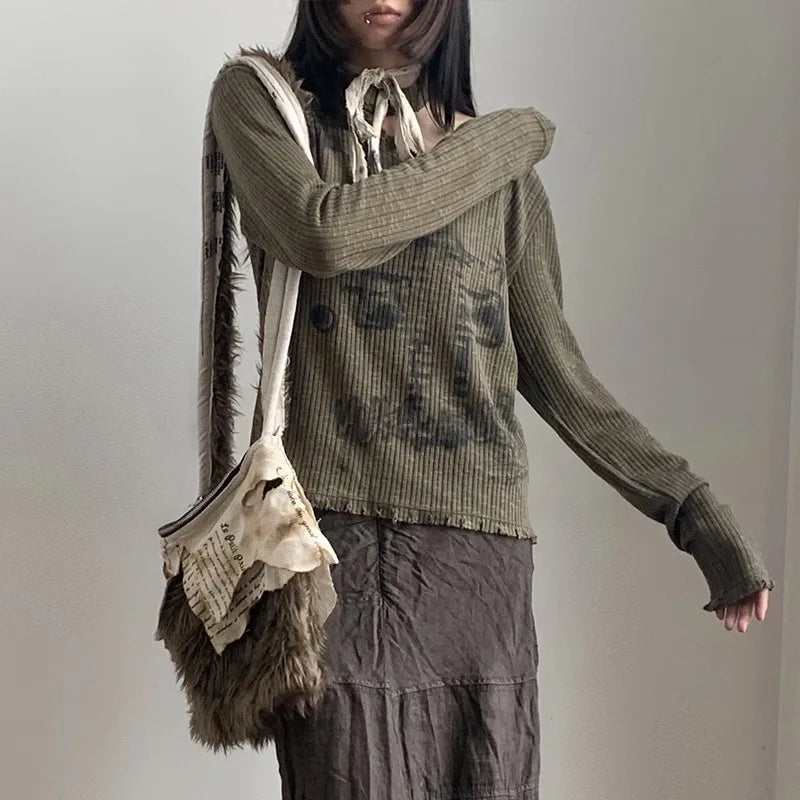 Vintage Grunge Distressed Knit Crop T-Shirt
