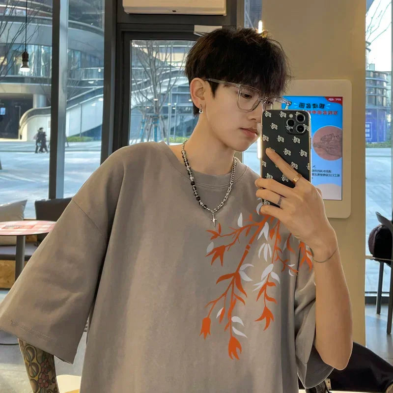 Oversized Bamboo Print White T-Shirt