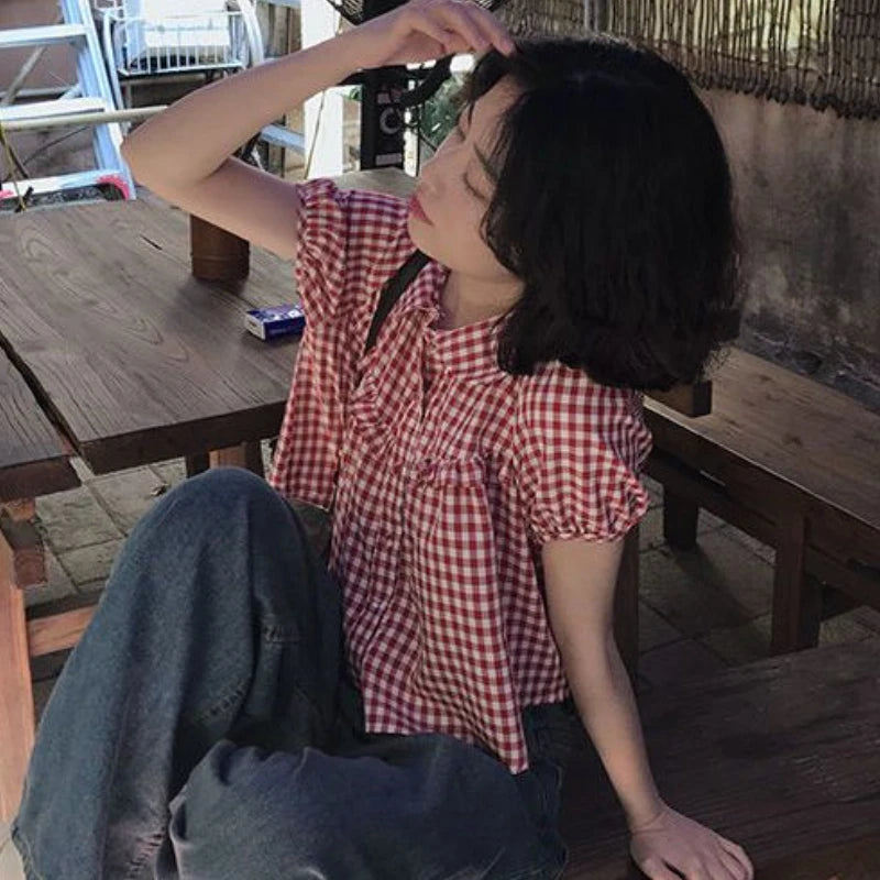Vintage Red Plaid Girlish Chic Shirt
