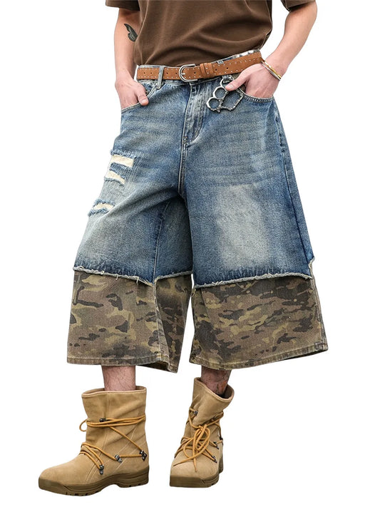 Camouflage Patchwork Retro Distressed Denim Jeans