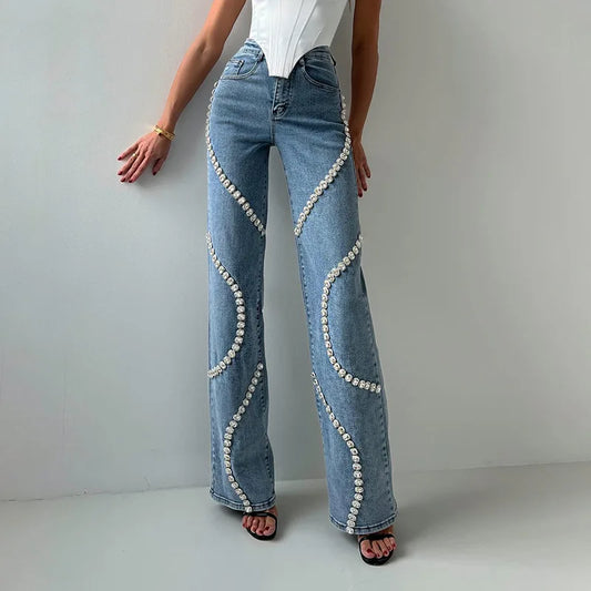 Elegant Rhinestone High Waist Loose Jeans
