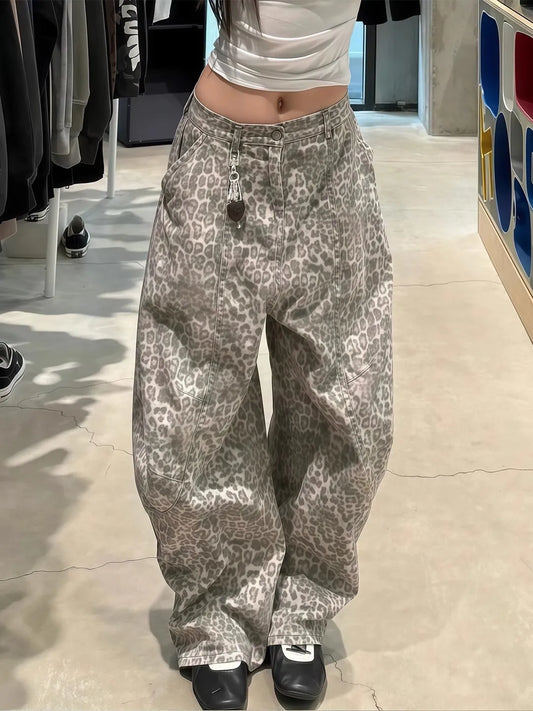 Leopard Print Loose Fit Denim Jeans