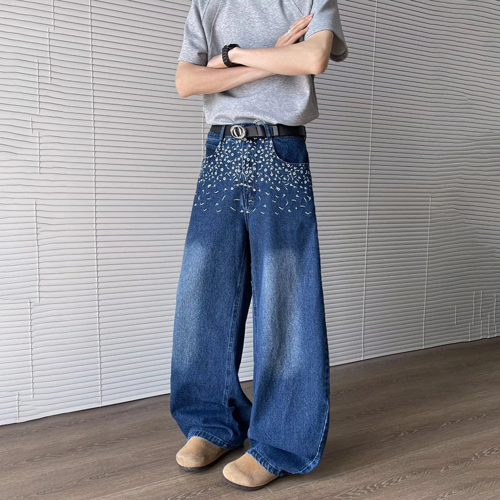 Breathable Loose Embroidered Contrast Color Jeans