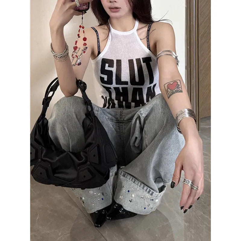 Bleached Letter Print Wide Leg Jeans