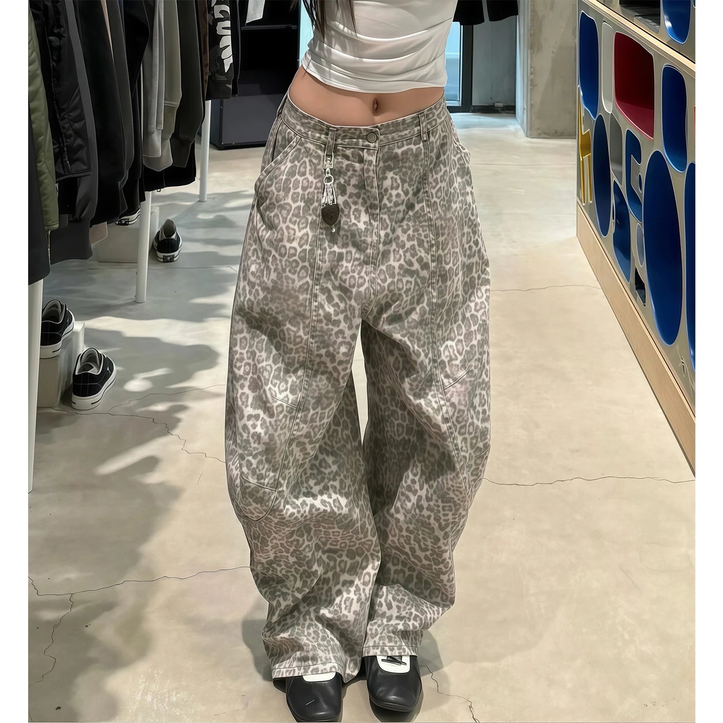 Leopard Print Loose Fit Denim Jeans
