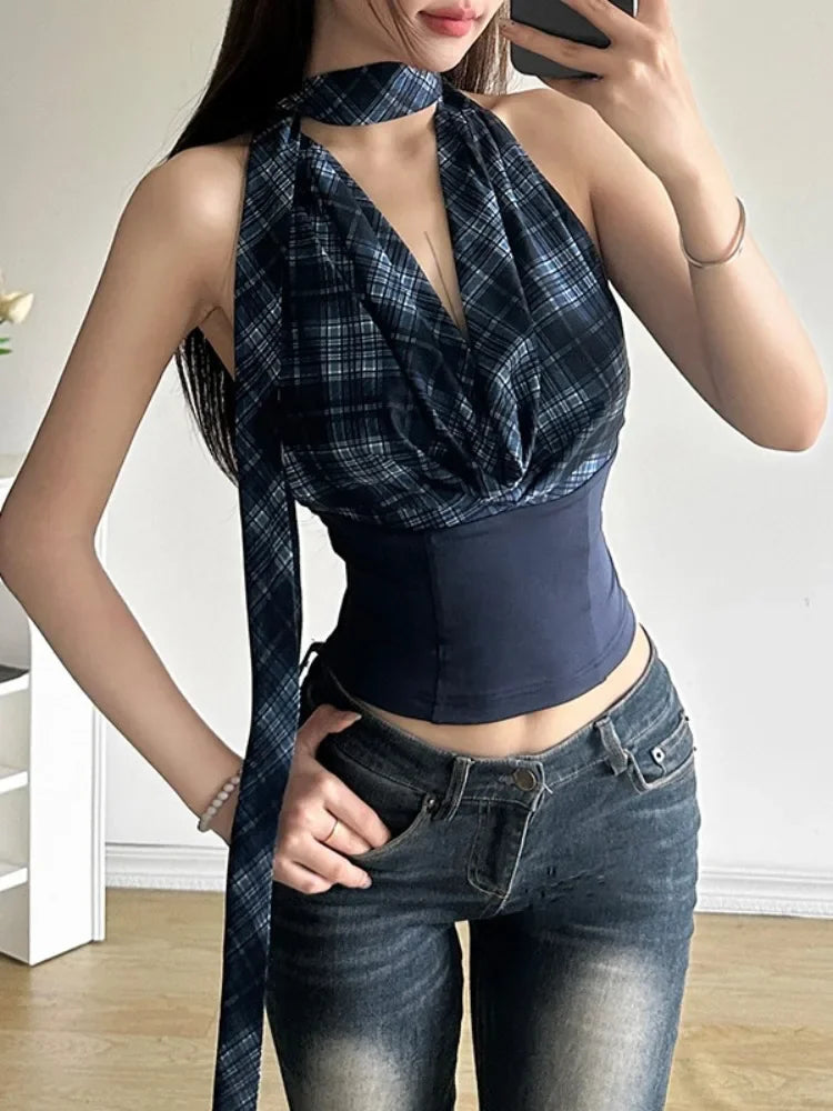 Plaid Patchwork Y2K Aesthetic Halter Tank