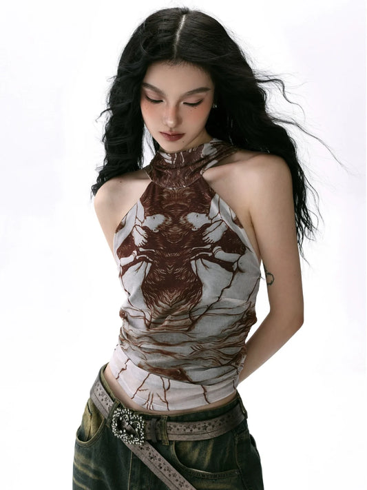 Graphic Print Sexy Sleeveless Crop T-Shirt
