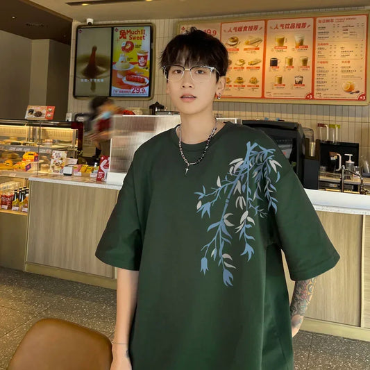 Oversized Bamboo Print White T-Shirt